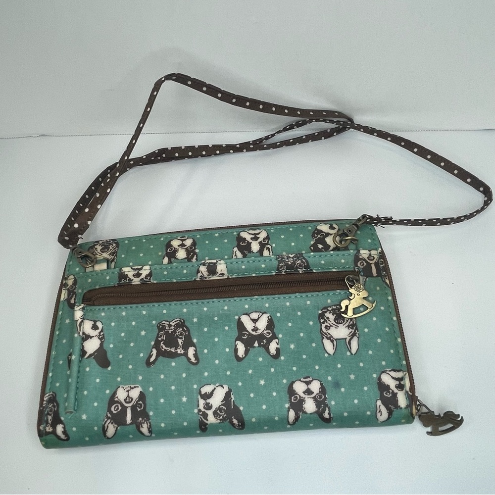 Uma Hana Teal Dog Print Crossbody Bag. French Bulldogs. Pre-owned. Waterproof.